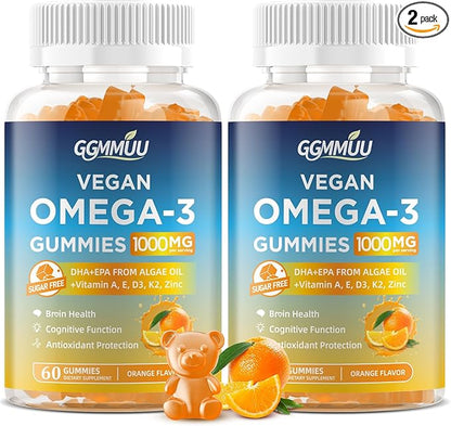 2 Pack Vegan Omega 3 Gummies 1000MG Algal Oil Omega 3 Supplement for Adults with Algae DHA 600mg & EPA 300mg Fish Oil Alternative - for Eye & Immune Health, Orange Flavor, 120 Count