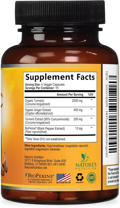 Turmeric Curcumin Supplement - 2000mg Organic Turmeric Per Serving - 95% Curcuminoids, Ginger & BioPerine Black Pepper for Best Absorption - Natural Vegan Joint Support, Bottled in USA - 60 Capsules