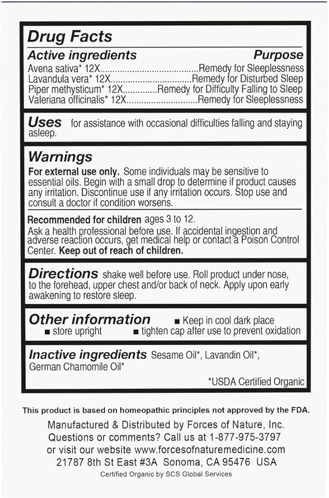 Forces of Nature Natural Sleep Support for Kids, Organic Homeopathic Remedy with Oats and Valerian, 4ml