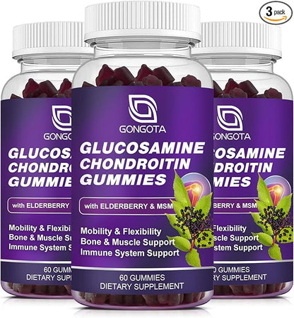 Glucosamine Chondroitin Gummies - 3- Pack, Extra Strength 1500mg Glucosamine with MSM & Elderberry, Flexibility Support, Best Cartilage & Immune Support Supplement for Men and Wome - 180 Gummies
