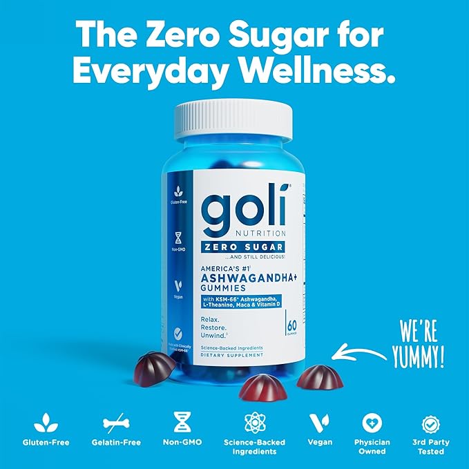 Goli Zero Sugar Ashwagandha Gummies with KSM-66, L-Theanine, Maca and Vitamin D - No Sugar Alcohols - Vegan, Keto-Friendly, Non-GMO