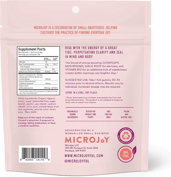 Microjoy Motivate Gummies – Energy, Stamina & Brain Support with Cordyceps Mushrooms, Maca & Vitamin B12 – Vegan, Gluten-Free, Non-GMO – Berry Flavor – 30 Servings