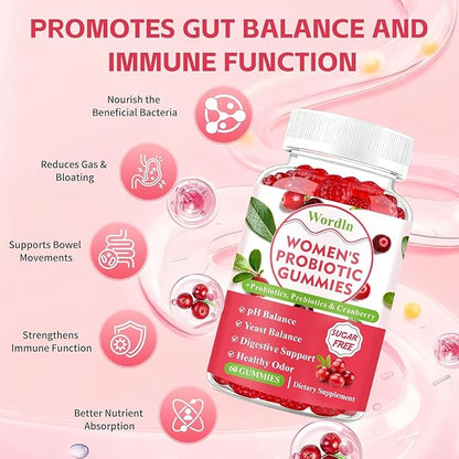 Women Probiotic Gummies for Feminine Health, Supports pH Balance, Vaginal Health, Odor Control & Yeast Balance, Digestive & Immune Support, Sugar Free Cranberry Flavor, 60 Count (Pack of 2)