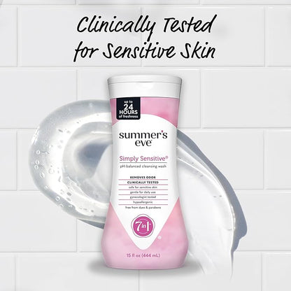 Summer’s Eve Simply Sensitive All-Over Daily Feminine Wash, Gentle pH-Balanced Body Wash for Women, Feminine Care to Remove Vaginal Odor, Gynecologist Tested, 15 Fl Oz, Pack of 3
