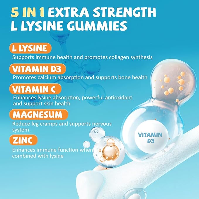 L-Lysine Gummies 1000mg, 5 in 1 Extra Strength for Immune Support, Skin & Lip Health, Chewable Lysine Supplement for Kids Adults, 60 Count