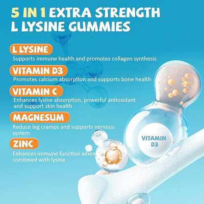 L-Lysine Gummies 1000mg, 5 in 1 Extra Strength for Immune Support, Skin & Lip Health, Chewable Lysine Supplement for Kids Adults, 60 Count