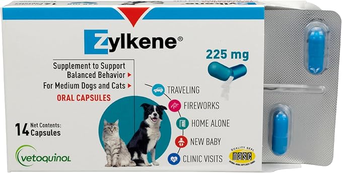 Vetoquinol Zylkene Calming Support Supplement for Medium Dogs 33-65lbs Promotes Relaxation, Reduces Stress, and Supports Occasional Anxiety Relief for Dogs, 225mg - 14 Capsules