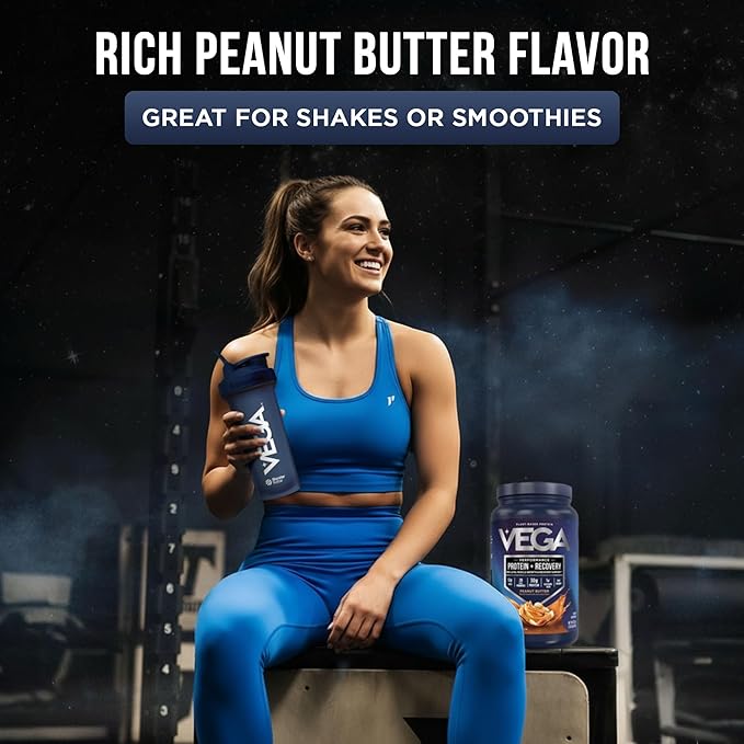 Vega Sport Vegan Protein Powder + Recovery - 30g Plant Based Protein per Serving, Peanut Butter, 19 Servings, 5g BCAAs, Probiotics, NSF Certified, for Shakes & Smoothies, 1.8lbs (Packaging May Vary)