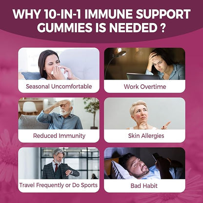10 in 1 Immune Support Supplement Gummies, w/Echinacea, Elderberry Vitamin C and Zinc, Selenium, Vitamin D3 5000IU, Magnesium, Daily Immune Booster Multivitamin, for Antioxidant Bone Energy, 1 Pack