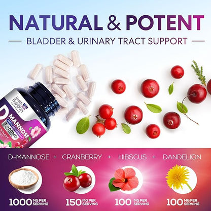 D-Mannose Supplement - 1,000mg D Mannose Per Serving with Cranberry, Hibiscus & Dandelion - Fast-Acting, Natural Urinary & Bladder Support for Women & Men – Flush & Cleanse Impurities – 180 Capsules
