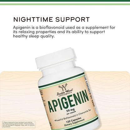 Apigenin Supplement - 50mg per Capsule, 120 Count (Powerful Bioflavonoid Found in Chamomile Tea for Relaxation, Sleep, and Mood) Senolytic Flavonols for Aging (Gluten Free) by Double Wood
