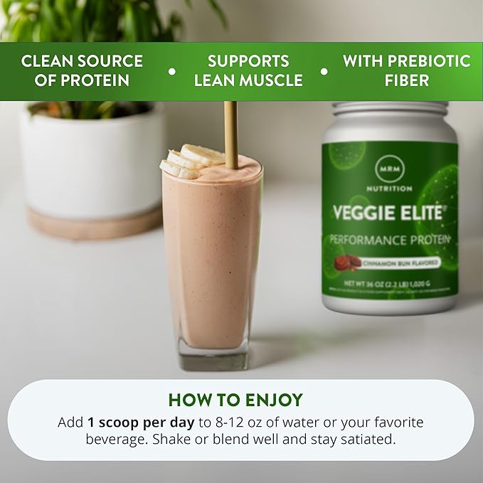 MRM Veggie Elite Performance Protein - Cinnamon Bun, Plant-Based Powder, 24g Protein per Serving with BCAAs & Digestive Enzymes, Clinically Tested - Vegan, Gluten-Free - 30 Servings