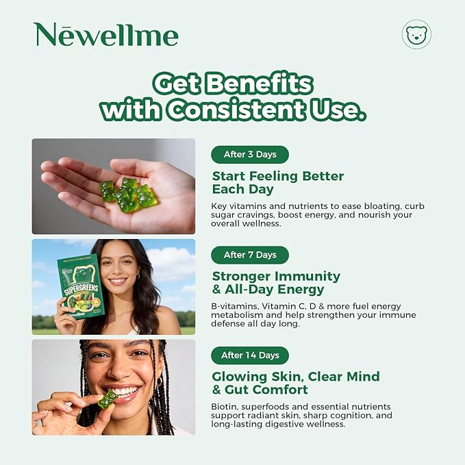 NEWELLME Daily Super Greens Gummies - 6g Fiber per Serving - Sugar-Free, Vegan & Gluten-Free - Essential Multivitamin with Probiotics for Digestive Health, Energy & Immunity - 14 Grab-and-Go Packs