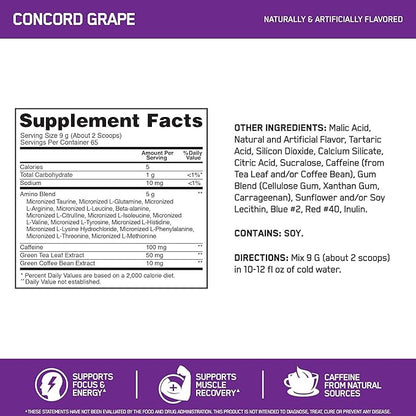 Optimum Nutrition Amino Energy Powder, Concord Grape, 20.6 Ounce, 65 Servings with Essential Amino Energy Plus Electrolyes Sparkling Drink, Grape, 12 Count - Bundle Pack