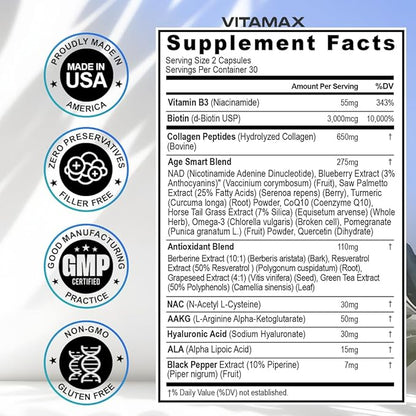 Resveratrol NAD+ Berberine Hyaluronic Acid - Biotin Grape & Blueberry + NAC - Collagen Peptides - Hair, Nail, Skin & Joint Supplement - 21-in-1 Women and Men - Made in USA (60 Count (Pack of 1)