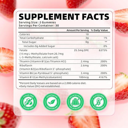 softbear L-Methylfolate 15mg Gummies for Kids & Adults, Organic Methylfolate Supplement 5-MTHF Plus Methyl B12, B1, B2, B6 Support MTHFR Gene, Cognition Function, Strawberry Flavor 60 Count