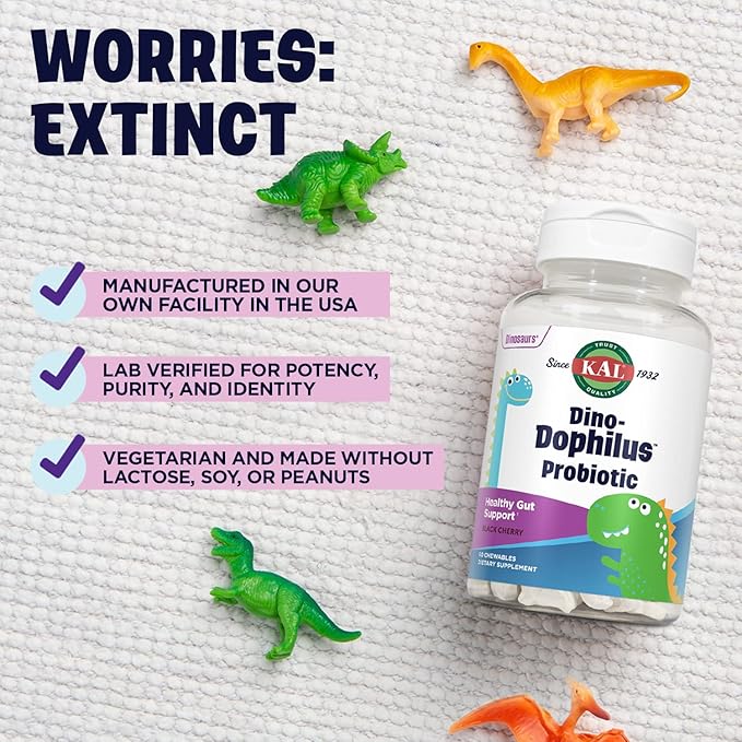 KAL DinoDophilus Probiotics for Kids - Chewable Kids Probiotic with 2 Billion CFU for Children's Gut Health and Digestion Support - Natural Black Cherry Flavor, 60 Chews
