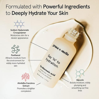grace & stella Award Winning Hyaluronic Acid Serum (10ml/0.34 fl oz) Hyaluronic Acid Serum for Face - Acido Hialuronico Face Serums for Women - Hydrating, Remove Fine Lines, Wrinkles - Anti Aging