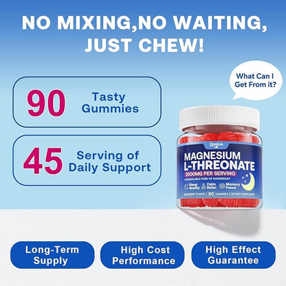 90 Count | Magnesium L-Threonate Gummies 2000mg, Magnesium Threonate Supplement for Adults & Kids, Support Cognition, Restful Sleep & Muscle Health, Sugar Free, Vegan, Non-GMO, Raspberry Flavor