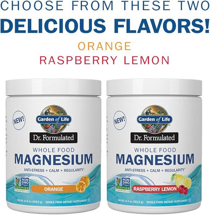 Garden of Life Dr. Formulated Whole Food Magnesium 419.5g Powder - Orange, Chelated, Non-GMO, Vegan, Kosher, Gluten & Sugar Free Supplement with Probiotics - Best for Anti-Stress, Calm & Regularity