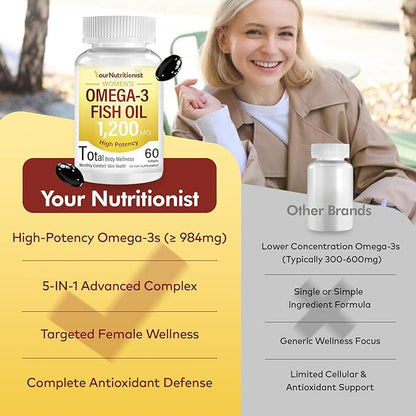 Omega-3 Fish Oil Supplement for Women, 984mg Omega-3 with Evening Primrose Oil (GLA), Astaxanthin & CoQ10, Supports Monthly Comfort, Skin Health & Total Body Wellness-60 Softgels