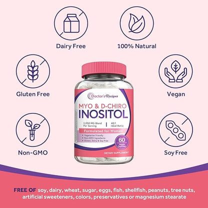 Doctor's Recipes Inositol Supplement for Women, Myo-Inositol & D-Chiro Inositol Capsules 2050mg per Serving, Ideal 40:1 Blend, 60 Vegan Caps