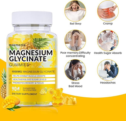Magnesium Glycinate Gummies 1000mg, Sugar Free Magnesium Potassium Supplements Chewable for Adults with L-Threonate for Sleep, Body Support and Relaxation,90 Mango Pineapple Gummies