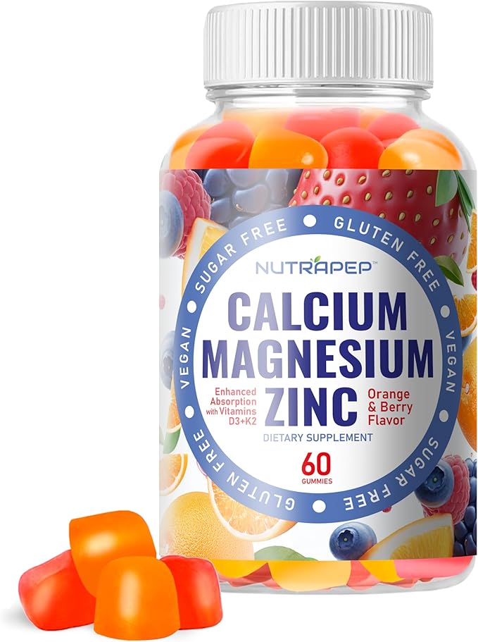 NutraPep Calcium Magnesium Zinc Supplement Gummies - with Vitamin D3 K2 Magnesium Glycinate - Orange Berry Flavored Vegan Sugar-Free Gluten Free Chewable for Men Women Kids