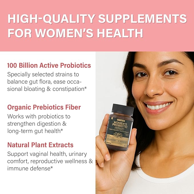 Probiotics for Women - 100 Billion CFU, 11 Strains with Organic Prebiotics, Cranberry Extract, D-Mannose - Women’s Probiotic for Digestive, Vaginal, Urinary Health & pH Balance - Non-GMO, 60 Capsules