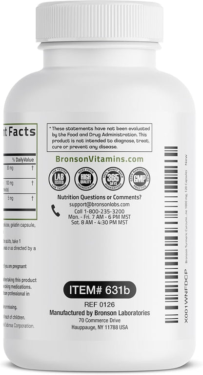 Bronson Turmeric Curcumin with BioPerine - High Potency Premium Joint Support with 95% Standardized Curcuminoids - Non-GMO Capsules with Black Pepper - 120 Count