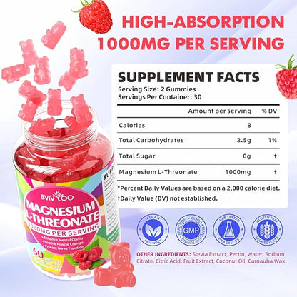 1000mg Magnesium L-Threonate Gummies for Kids & Adults - Muscle & Nervous System Support, Vegan, Sugar-Free Raspberry Flavor, 120 Gummies