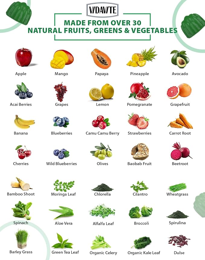 VIDAVITE Sugar-free Super Greens Gummies — US-Made, 35+ Fruit and Veggie gummies to Boost Immunity, Skin & Gut Health — Ideal Fruits and Vegetables Supplement for Adults & Picky Teens (30-Days Supply)