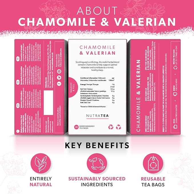 NutraTea Chamomile & Valerian Tea - Bedtime and Night Time Tea - 20 Individually Wrapped Bags (1 Pack)