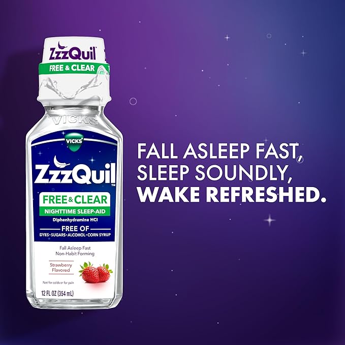 ZzzQuil Liquid Sleep Aid, Diphenhydramine 50mg HCI, Free & Clear, Free of Alcohol and Artificial Dyes, Nighttime Sleep Aid Liquid, Non-Habit Forming, Strawberry Flavored, 2 Pack, 24 FL OZ