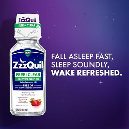 ZzzQuil Liquid Sleep Aid, Diphenhydramine 50mg HCI, Free & Clear, Free of Alcohol and Artificial Dyes, Nighttime Sleep Aid Liquid, Non-Habit Forming, Strawberry Flavored, 2 Pack, 24 FL OZ
