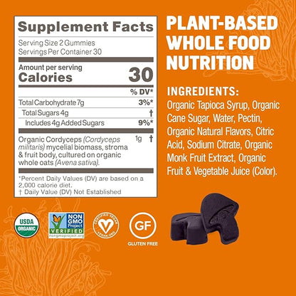 OM MUSHROOM SUPERFOOD Cordyceps Gummies – USA Grown Organic Mushrooms – Supports Endurance, Energy & Recovery – Cherry Burst Flavour – 30 Servings, 60 Count.