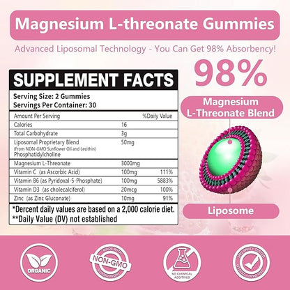 3000mg Liposomal Magnesium Threonate Gummies, Magnesium Glycinate Supplements, Liposomal Enhance 98% Absorption, Intestinal Tolerance, Muscle & Nervous System Support for Adults