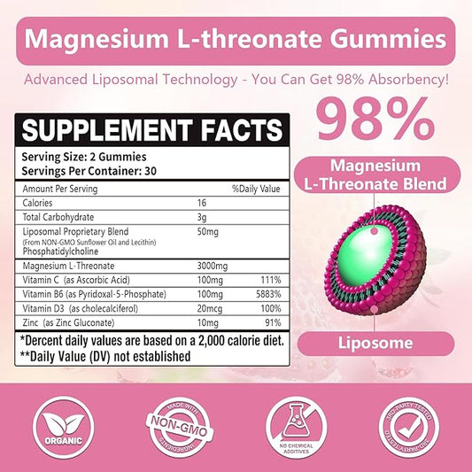 3000mg Liposomal Magnesium Threonate Gummies, Magnesium Glycinate Supplements, Liposomal Enhance 98% Absorption, Intestinal Tolerance, Muscle & Nervous System Support for Adults