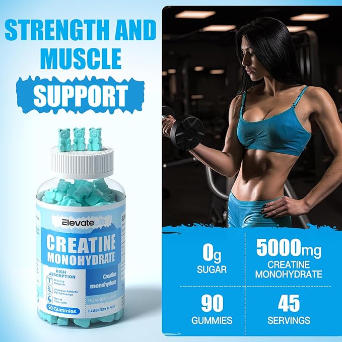 ElevateLife Creatine Monohydrate Gummies for Men & Women, Chewables Creatine Monohydrate for Muscle Strength, Muscle Builder, Energy Boost, Pre-Workout Supplement(90 Count)-Blueberry