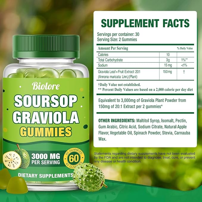 Biolore Soursop Graviola Gummies – 30 Days Supply, Soursop Leaf & Fruit Extract, Natural Apple Flavor, Sugar Free, Gluten Free, Vegan Friendly