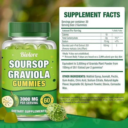 Biolore Soursop Graviola Gummies – 30 Days Supply, Soursop Leaf & Fruit Extract, Natural Apple Flavor, Sugar Free, Gluten Free, Vegan Friendly