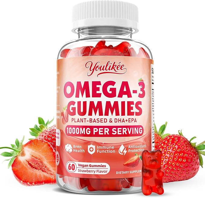 Vegan Omega-3 Gummies 1000mg, Omega 3 Fish Oil Alternative for Adults, Plant Based DHA 460mg & EPA 230mg w/Vitamin A, C, E - Supports Immune Function, Sugar Free, Strawberry Flavor, 60 Count