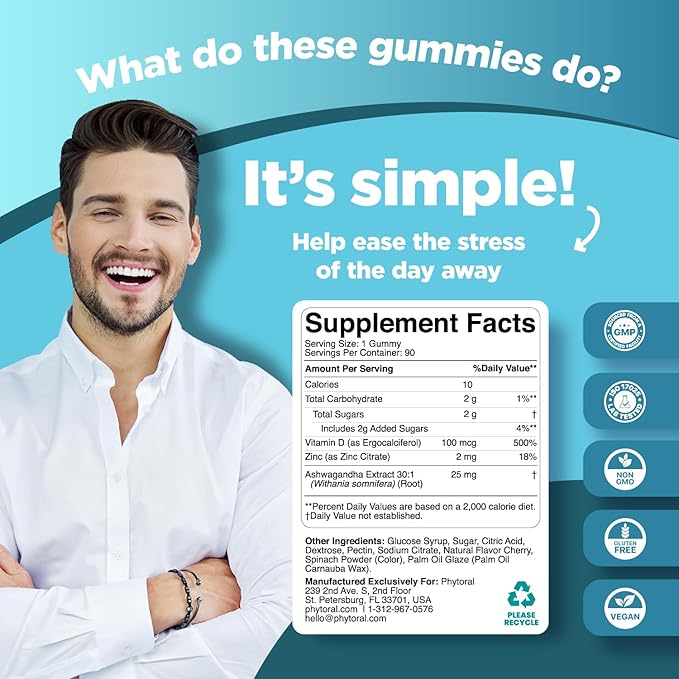 Phytoral Calming Ashwagandha Gummies for Men and Women - Root Extract with Zinc and Vitamin D - Tasty Adaptogen Stress Gummies for Adults for Energy & Mood Support - 90 Count