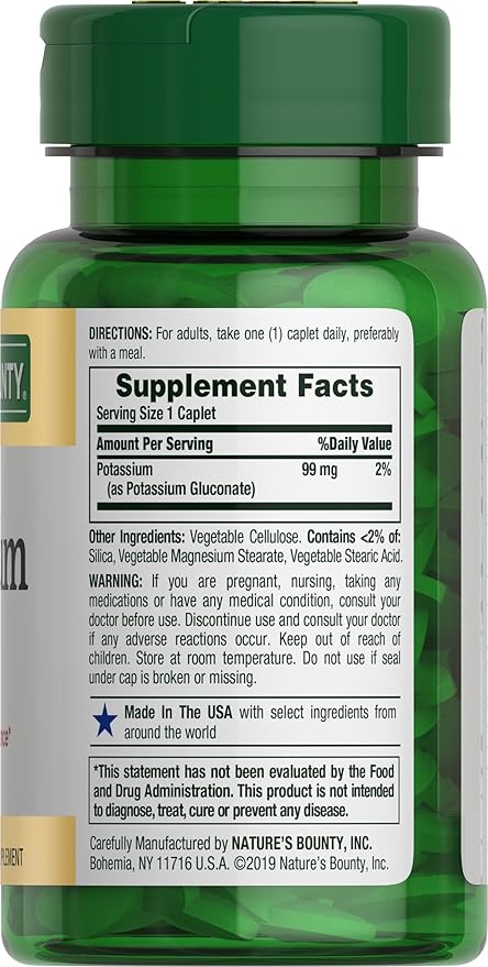 Nature's Bounty Potassium 99mg, Supports Fluid Balance and Muscle Activity, Involved in Normal Heart Function, Potassium Gluconate Dietary Supplement, Gluten Free, 1 Per Day, 100 Vegetarian Caplets