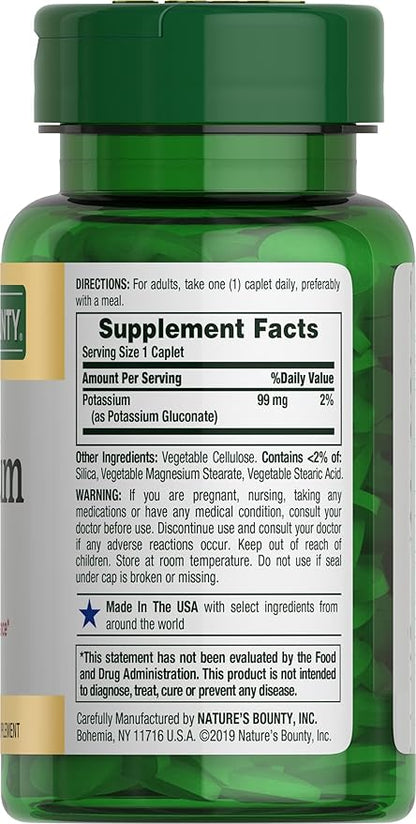 Nature's Bounty Potassium 99mg, Supports Fluid Balance and Muscle Activity, Involved in Normal Heart Function, Potassium Gluconate Dietary Supplement, Gluten Free, 1 Per Day, 100 Vegetarian Caplets