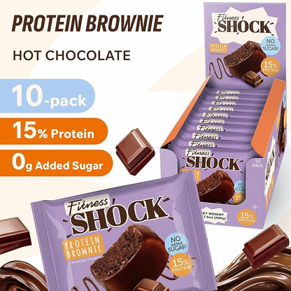 Fitness SHOCK Chocolate Protein Brownie - No Added Sugar, 7.5g Protein, Low Carb Guilt-Free Dessert - 0g Added Sugar, 10g Net Carbs, 5g Fiber, Non-GMO, Oat Bran - 10 x 50g