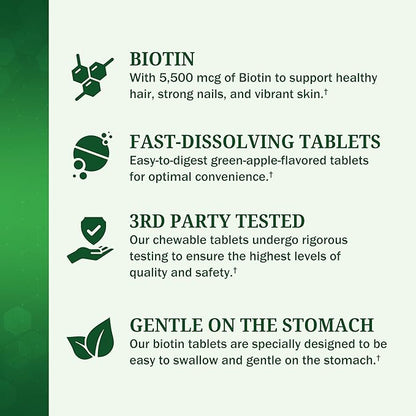 BioSchwartz Bariatric Biotin Chewable Tablets - 5500mcg Biotin per Serving - Green Apple Flavor, 3 Month Supply - Sugar-Free Hair Skin Nails Vitamins for Women for Post-Bariatric Care - 90 Servings
