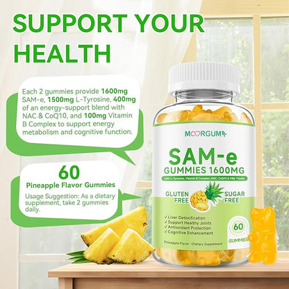 SAM-e L-Tyrosine Gummies with NAC, CoQ10 & Vitamin B Complex, 1600mg SAM-e, 1500mg L-Tyrosine Supplement for Energy, Cellular Antioxidant Support, Emotional Well-Being Support, 60 Count