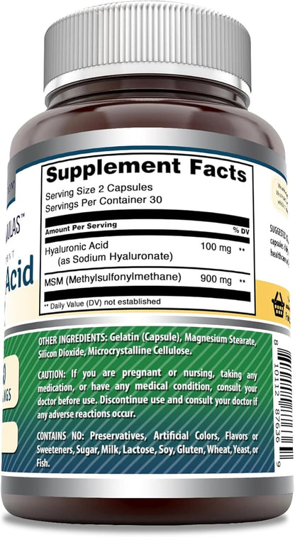 Amazing Formulas Hyaluronic Acid & MSM Supplement | 1000 Mg Per Serving | Capsules | Non-GMO | Gluten Free | Made in USA (60 Count | 1 Pack)