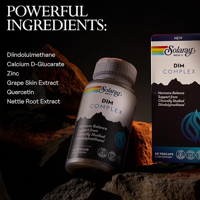 SOLARAY DIM Supplement for Men - Clinically Studied DIM 200mg Supports Hormone Balance - Plus Zinc and Quercetin - Vegan, Gluten Free, 60 Day Money-Back Guarantee - 30 Servings, 60 VegCaps